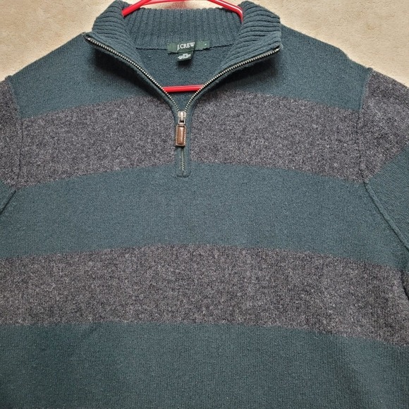 J.Crew Lambswool‎ 1/4 Zip Sweater Striped Pullover Warm Casual Green L Comfort - Picture 3 of 9